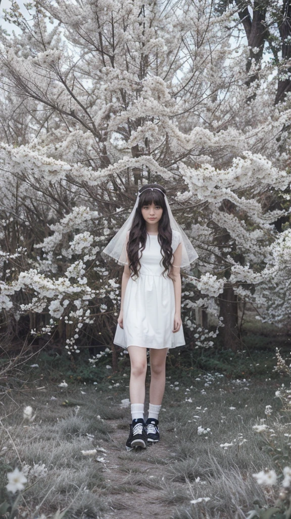 A girl with long wavy hair with bangs, wearing a white dress and white veil, wearing black shoes and white socks, standing behind white flowers trees