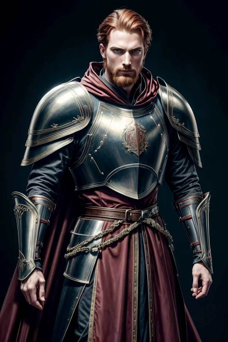 Maximilian Habsburg, Strongly built, (six feet tall), blue eyes, neck length reddish hair, large hooked nose, jutting jaw ((no beard)), (wearing Gothic-style plate armor, luxurious crimson satin robe) (golden sword) Background: Battlefield, Full body, Conceptual art, UHD, masterpiece, anatomically correct, high details, super detail, high quality, highres, 4K, 8k