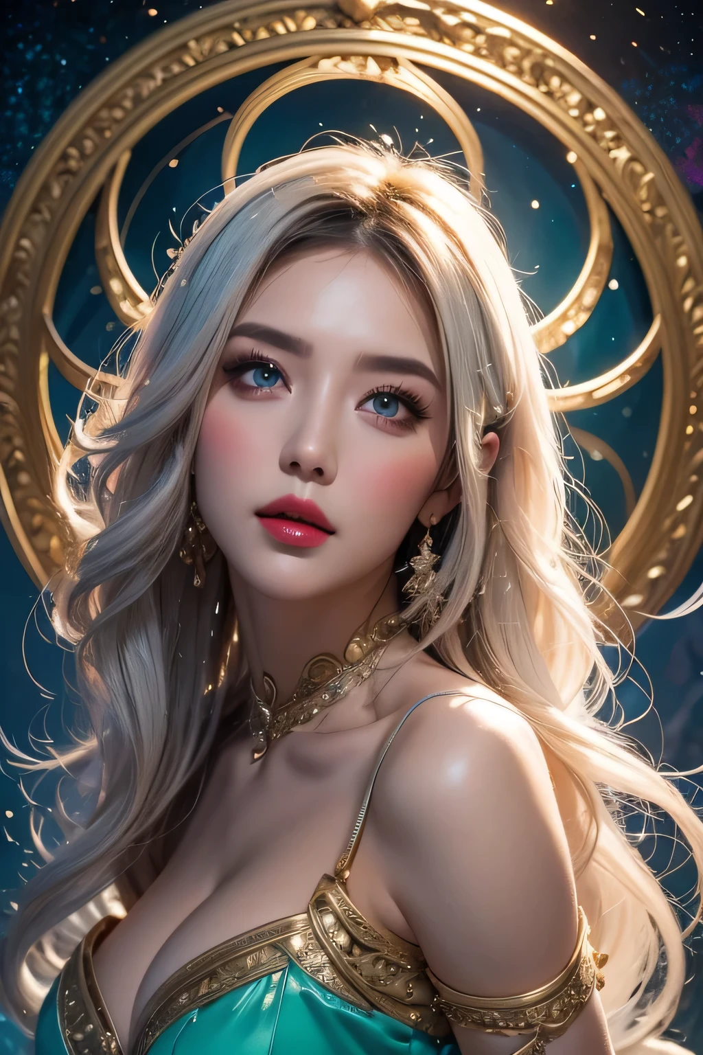 High-quality work,Realistic works,Super premium graphics,8K HD CG works,high quality graphics,High-definition and exquisite CG works,10x pixels,Ultra-fine details:1.1,Advanced technical details:1.1Realistic photo effects,Interior lighting effects:1.5,natural soft light:1.5. Light effect(Virtual light effects:1.8),ultra high resolution,shining dress,sliver long hair,silber hair,transparenthair,high detailed hair(Quality hair details:1.1)Clear eyes,Double eyelids look good,Sharp eye makeup, Create exquisite eyelash makeup, tthin eyebrows, Ultra-detailed eyes,a tall nose, lovely red lips, rosey cheeks, With delicate makeup on her face , pretty face, The face shape is perfectly proportioned,(Advanced facial details:1.1)geometric abstract background, white, Green and blue light, arcane art, Depth of written boundary (get tangled, mandala, geometry abstraction, tangle, get tangled), beautiful, (dynamic angle:1.4), (floating colorful sparkles:1) the most beautiful form of chaos, elegant, brutal designer, bright colors , romanticism, bright colors, glow in the dark, wavy, The nature of symmetry, symmetry, Vertical compact design, paisley pattern, firefly ,cinematic light, sexy woman in armor, legendary warriors , beautiful baby, SEX pose, erotic design , erotic face, erotic pose, Pore white hair, , Big eyes, sexy eyes, whole bodyタトゥーだらけ, red lips, sexy lips, sexy face, naked, erotic, erotic pose, whole body, fall angel, , angle of death, holly angel,Women's artwork,Dress full body video,Realism,Amazing Cleavage,My eyes are very bright today