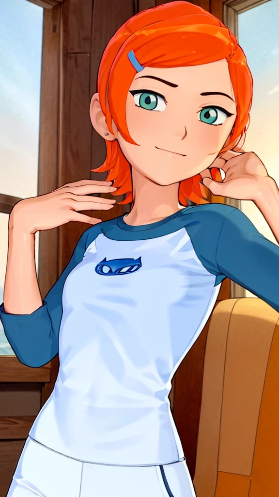 "Create an artwork of girl sleeping on a bed in a cozy, sea-themed room. Her entire body is visible, and the room is decorated with nautical elements like seashells, starfish, and ocean-colored bedding. The walls feature murals of serene sea scenes, and soft light filters in from a window with a view of the beach."(best quality)), ((highly detailed)), masterpiece, absurdres, (detailed eyes, deep eyes), (1girl), dynamic pose, upper body, gwen, hairclip, smiling, blue see trough shirt, raglan sleeves, white pants, (outside, in a wild west town, sunset) , hot body , seyy , (medium breasts1.2) , wet , full body