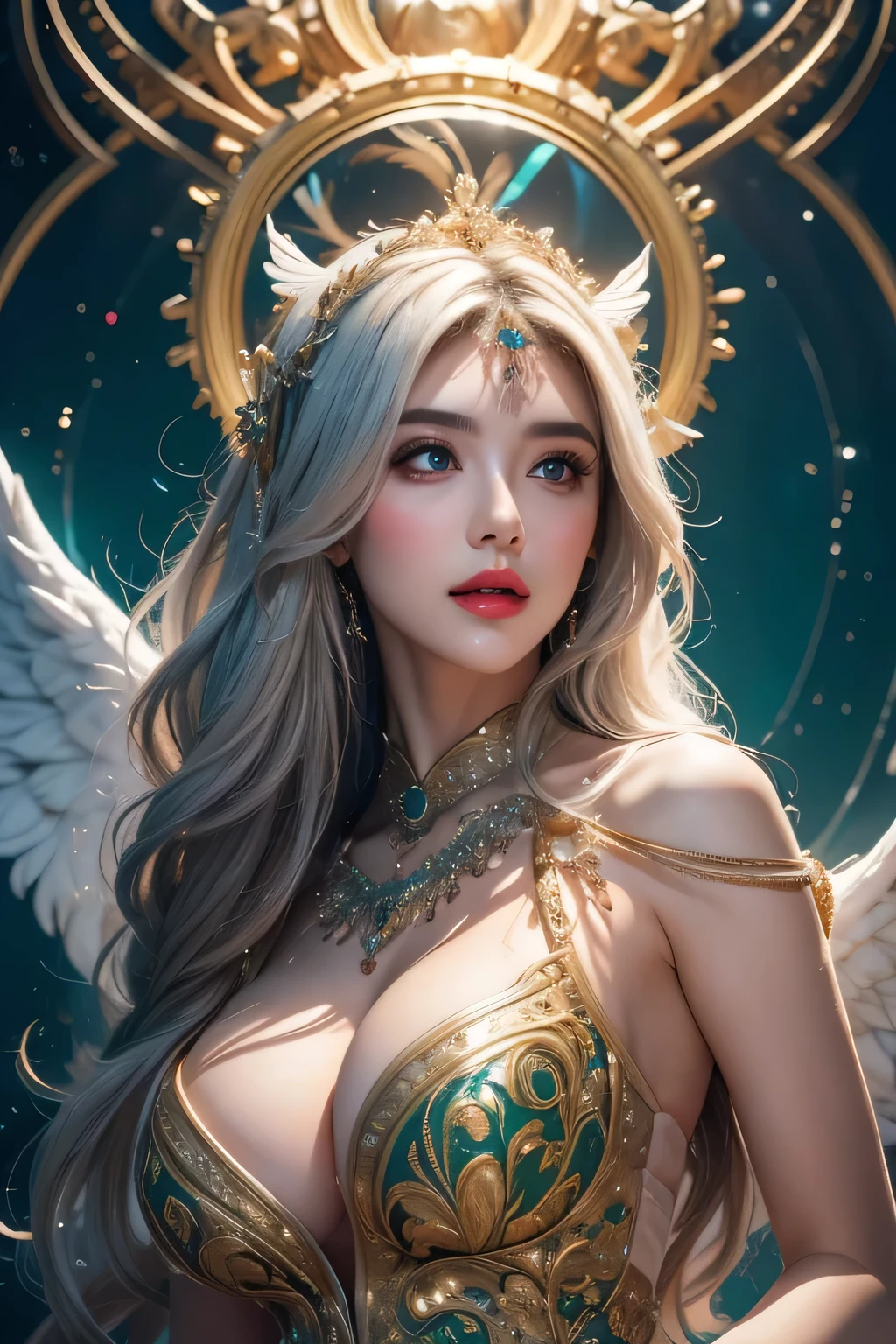 High-quality work,Realistic works,Super premium graphics,8K HD CG works,high quality graphics,High-definition and exquisite CG works,10x pixels,Ultra-fine details:1.1,Advanced technical details:1.1Realistic photo effects,Interior lighting effects:1.5,natural soft light:1.5. Light effect(Virtual light effects:1.8),ultra high resolution,shining dress,sliver long hair,silber hair,transparenthair,high detailed hair(Quality hair details:1.1)Clear eyes,Double eyelids look good,Sharp eye makeup, Create exquisite eyelash makeup, tthin eyebrows, Ultra-detailed eyes,a tall nose, lovely red lips, rosey cheeks, With delicate makeup on her face , pretty face, The face shape is perfectly proportioned,(Advanced facial details:1.1)geometric abstract background, white, Green and blue light, arcane art, Depth of written boundary (get tangled, mandala, geometry abstraction, tangle, get tangled), beautiful, (dynamic angle:1.4), (floating colorful sparkles:1) the most beautiful form of chaos, elegant, brutal designer, bright colors , romanticism, bright colors, glow in the dark, wavy, The nature of symmetry, symmetry, Vertical compact design, paisley pattern, firefly ,cinematic light, y woman in armor, legendary warriors , beautiful baby, SEXse, eroticn , erotic face,c pose, Pore hair, , Big eyes, sexy eyes, whole bodyタトゥけ, red lips, sexy lips, sexy face, nakedrotic, erotpose, whole, fall , angleath, holly angel,Women's artwork,Dress full body video,Realism,Amazing Cleavage,My eyes are very bright today