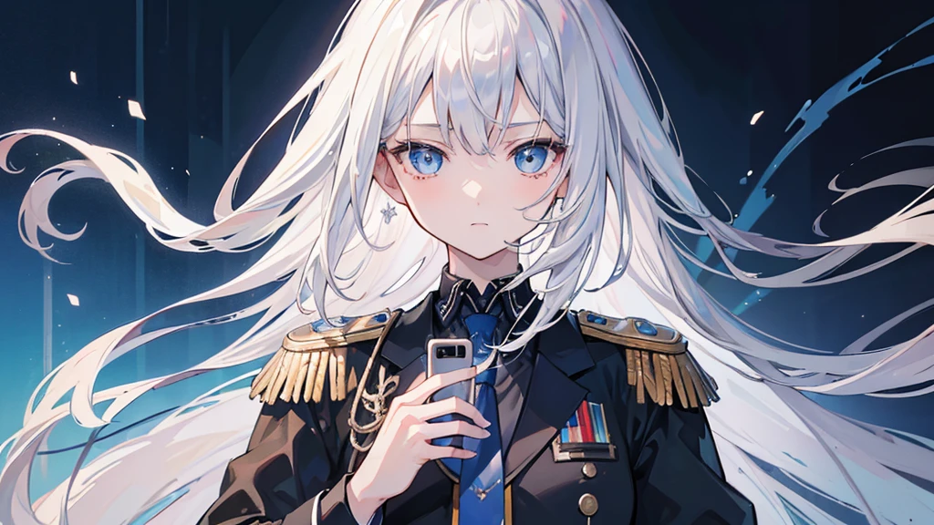 (masterpiece, Highest quality:1.2), highest quality, masterpiece, high resolution, Anime style, portraiture,
 1girl, solo, silver hair, platinum blonde hair, long hair, blue eyes, black military jacket, necktie, epaulette, have a phone in hand, showing phone screen, show screen at viewer greenback, no background