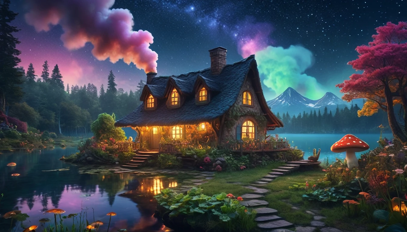 Cozy witch cottage deep in the fantasy forest, beside a serene lake under a starry night sky. The cottage has a bouncing mushroom roof, thick smoke billowing from the chimney, and a giant, wonderfully well-tended vegetable garden. Style similar to Milipili. Surreal, 8K, bright colors, clear and sharp images.