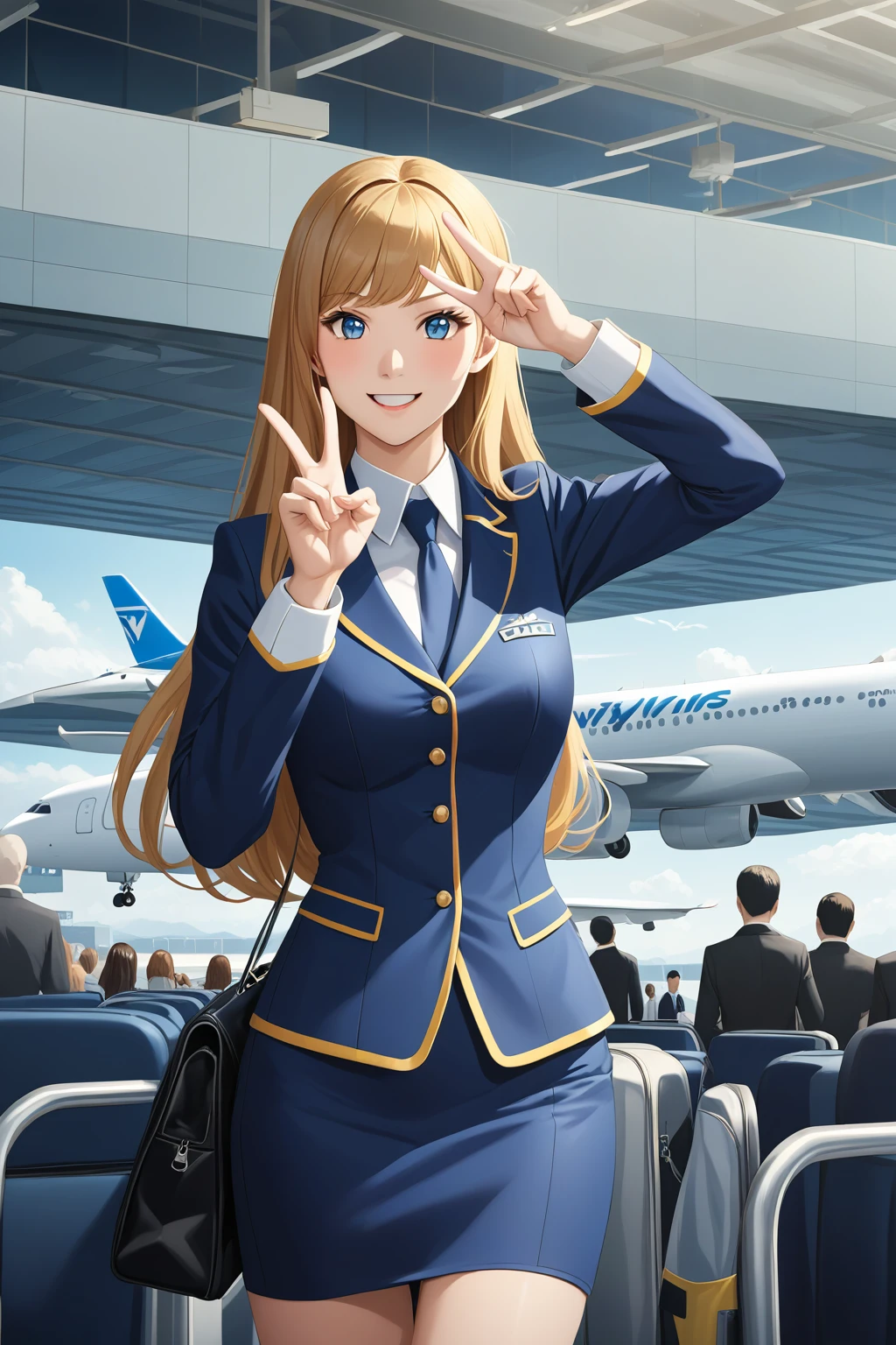 cute young girl, long hair, (wearing navy-blue air hostess uniform), v sign gesture hand, both hands, airport scenery, realistic anime illustration