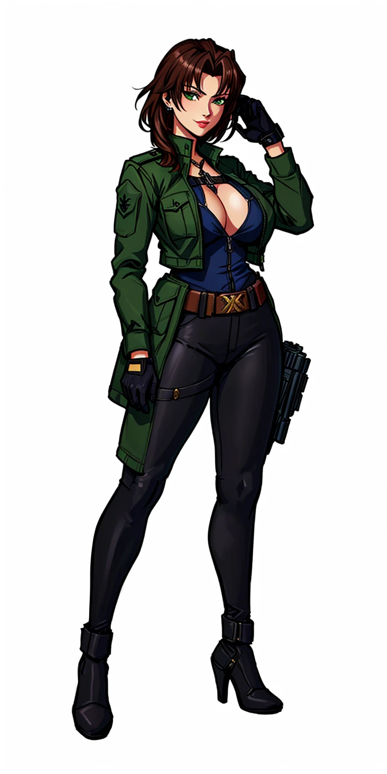 a cartoon picture of a woman in a green jacket and black pants, d & d style full body portrait, in a dark space mercenary outfit, rpg portrait full body, anya from spy x family, full body illustration, full body portrait of a short!, revy from black lagoon, valkyrie style character, dark natasha, dieselpunk soldier girl