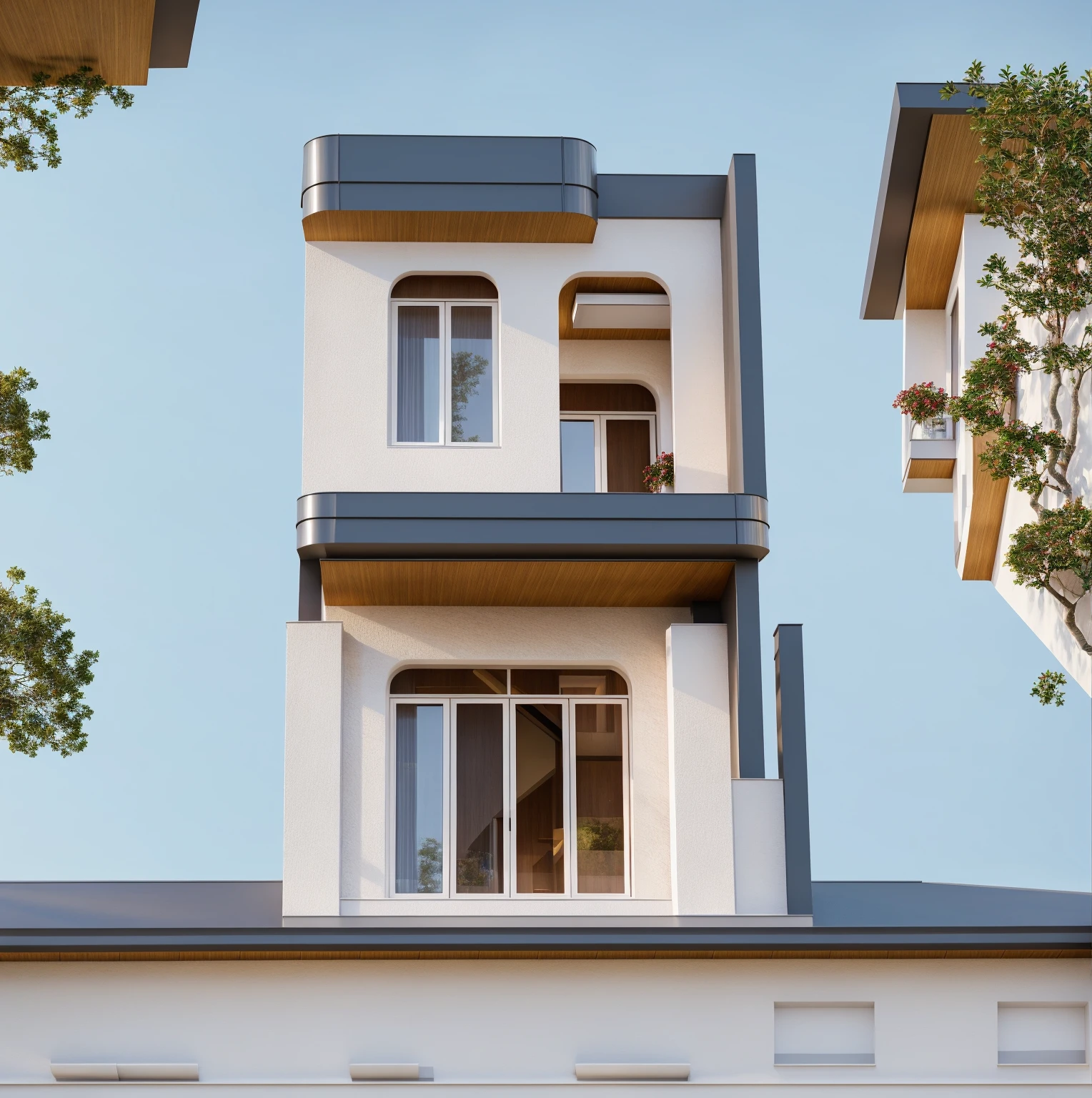 PLATEFORME KTHOUSE, Beaucoup de belles fleurs rouges le long de la route:1.3, romantique, 1 maison de style néoclassique, La maison de ville est faite de murs blancs, belle lumière, journée de beauté, ensoleillé, Beaucoup de bougainvilliers rouges le long de la route:1.3, belle sensation de jeunesse :1.2, soleil à midi, Très belles ombres, 