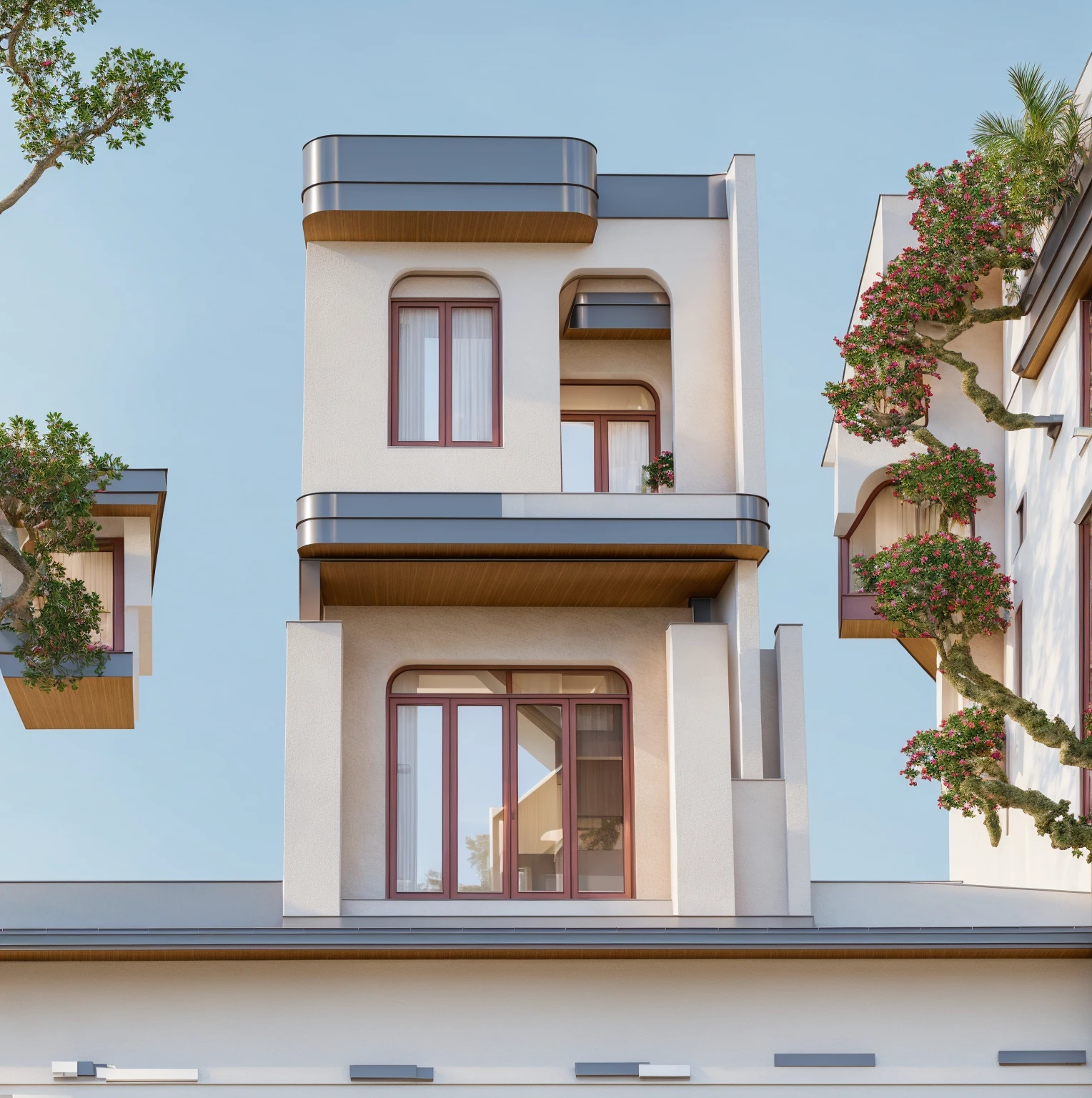 PLATEFORME KTHOUSE, Beaucoup de belles fleurs rouges le long de la route:1.3, romantique, 1 maison de style néoclassique, La maison de ville est faite de murs blancs, belle lumière, journée de beauté, ensoleillé, Beaucoup de bougainvilliers rouges le long de la route:1.3, belle sensation de jeunesse :1.2, soleil à midi, Très belles ombres, 