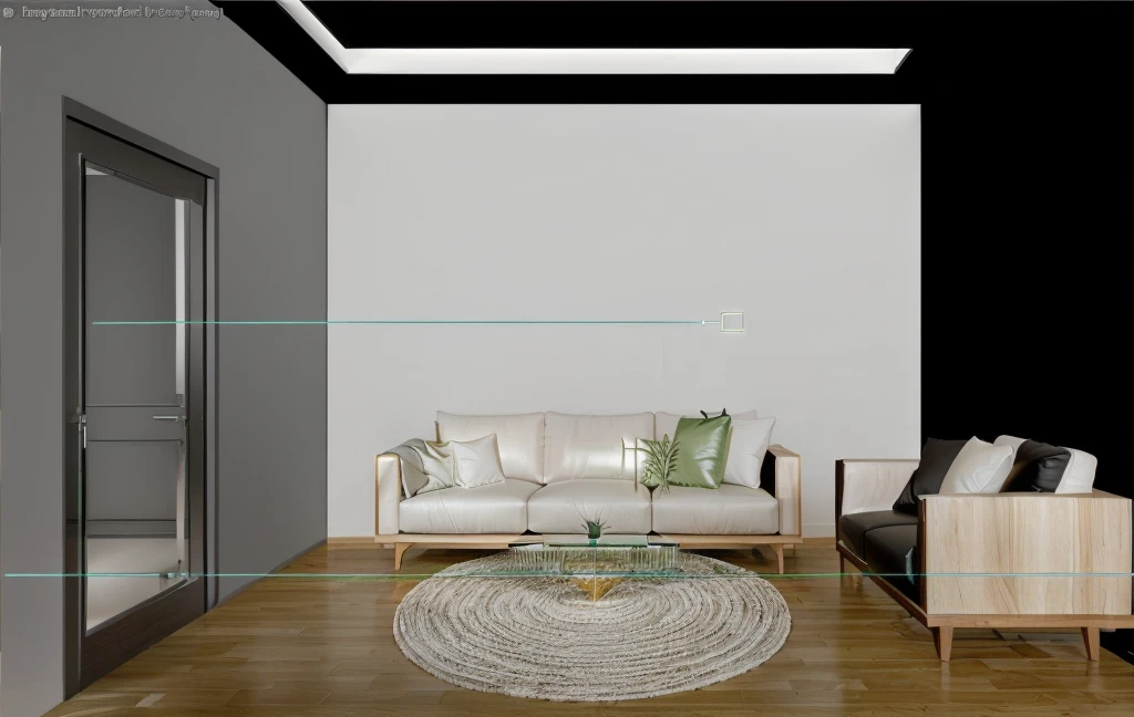 Design the living room interior space according to [contemporary, luxurious style], use wood, white or green plants, decorate walls, drop ceiling lights, use indoor lighting