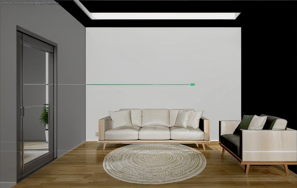 Design the living room interior space according to [contemporary, luxurious style], use wood, white or green plants, decorate walls, drop ceiling lights, use indoor lighting