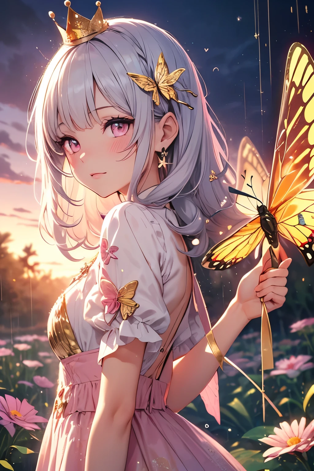 (((Best quality))), (((Ultra detailed))), 1 girl, ((((vivid)))),(((beautiful detailed hair, medium hair, silver hair))), (((pink eyes))), (((crown, small, pretty, gold, little))), ((wand in hand, The tip of the wand is a heart、Heart is pink, raining)), viewing from above:1, (blush), flower field, beautiful detailed flowers, colorful flowers, ((fireflies, sunshine, particles)), butterfly, (beautiful butterfly hair ornament) starrystarscloudcolorful