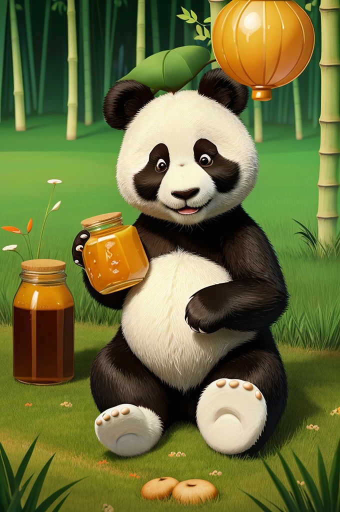 Character for the cartoon Panda, Panda eats cookies, there is a jug of honey next to him, mushrooms grow around him, a bunny sits in the green grass with carrots in his hands, there are bamboo trees around them