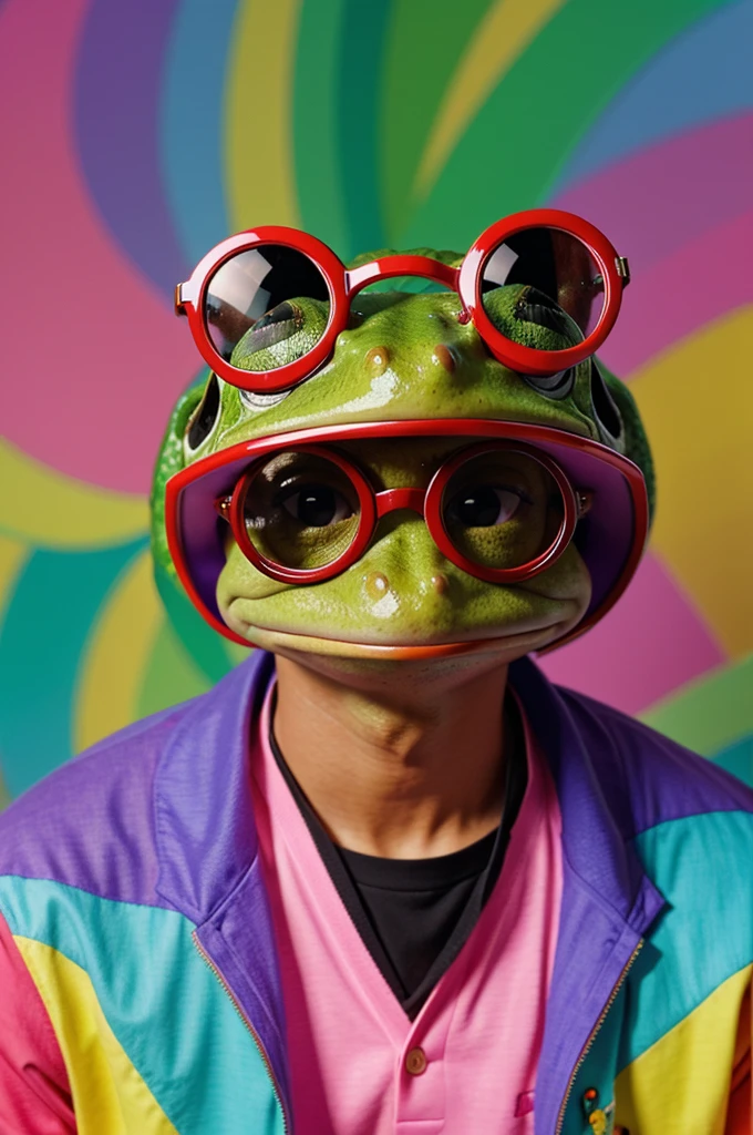 A unique frog wear glasses looking handsome
Colourful background
