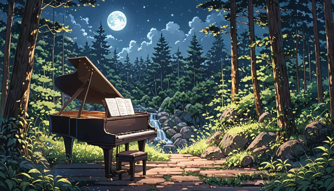 ((anime:1.4,illustration)),(masterpiece, top quality, best quality),(ultra-detailed, absolutely resolution),((16k, high res)), (((Forest, night sky, moonlit piano))), ((anime:1.4,illustration)),(masterpiece, top quality, best quality),(ultra-detailed, absolutely resolution),((16k, high res)). BREAK {lofi art, style of Laurie Greasley, style of Makoto Shinkai, anime aesthetic}, BREAK { (produces images with information than 40 million pixels with cinematic-like detailed textures shot on a Sony SLR).}