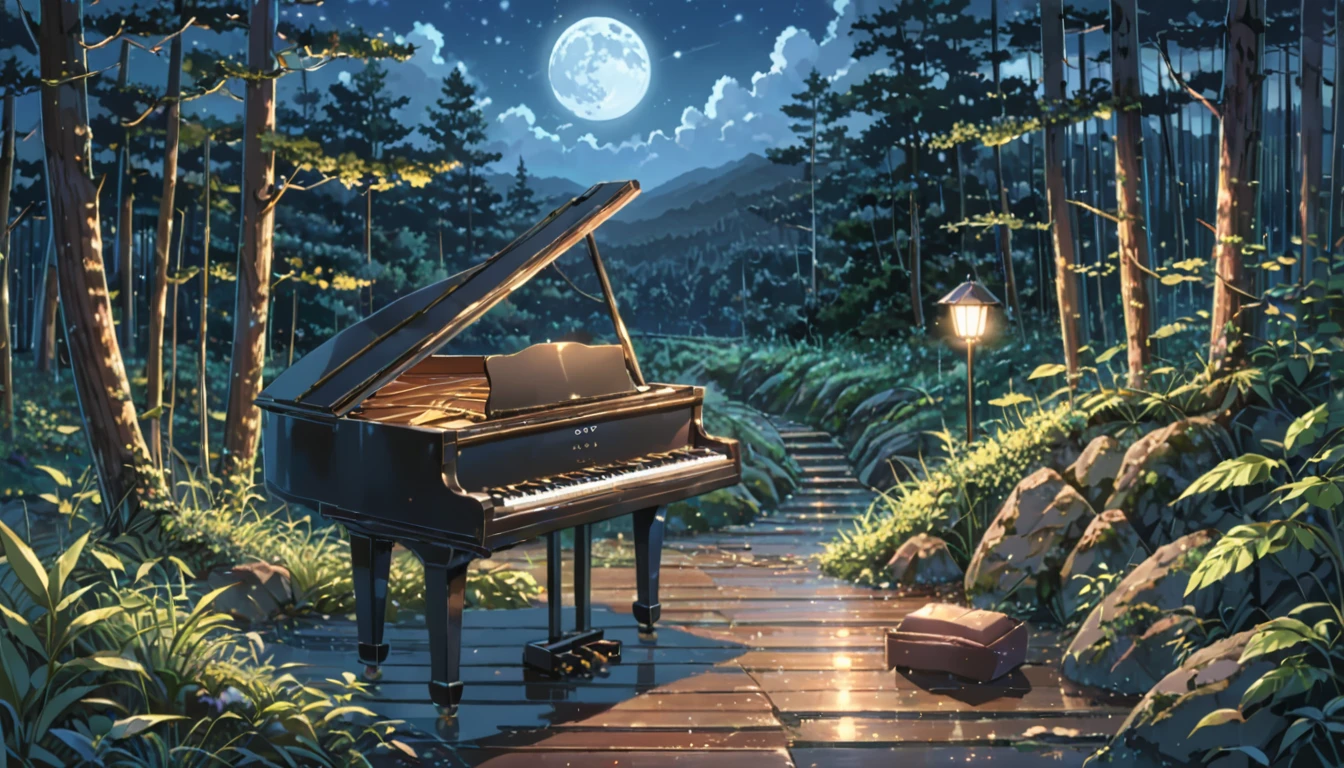 ((anime:1.4,illustration)),(masterpiece, top quality, best quality),(ultra-detailed, absolutely resolution),((16k, high res)), (((Forest, night sky, moonlit piano))), ((anime:1.4,illustration)),(masterpiece, top quality, best quality),(ultra-detailed, absolutely resolution),((16k, high res)). BREAK {lofi art, style of Laurie Greasley, style of Makoto Shinkai, anime aesthetic}, BREAK { (produces images with information than 40 million pixels with cinematic-like detailed textures shot on a Sony SLR).}