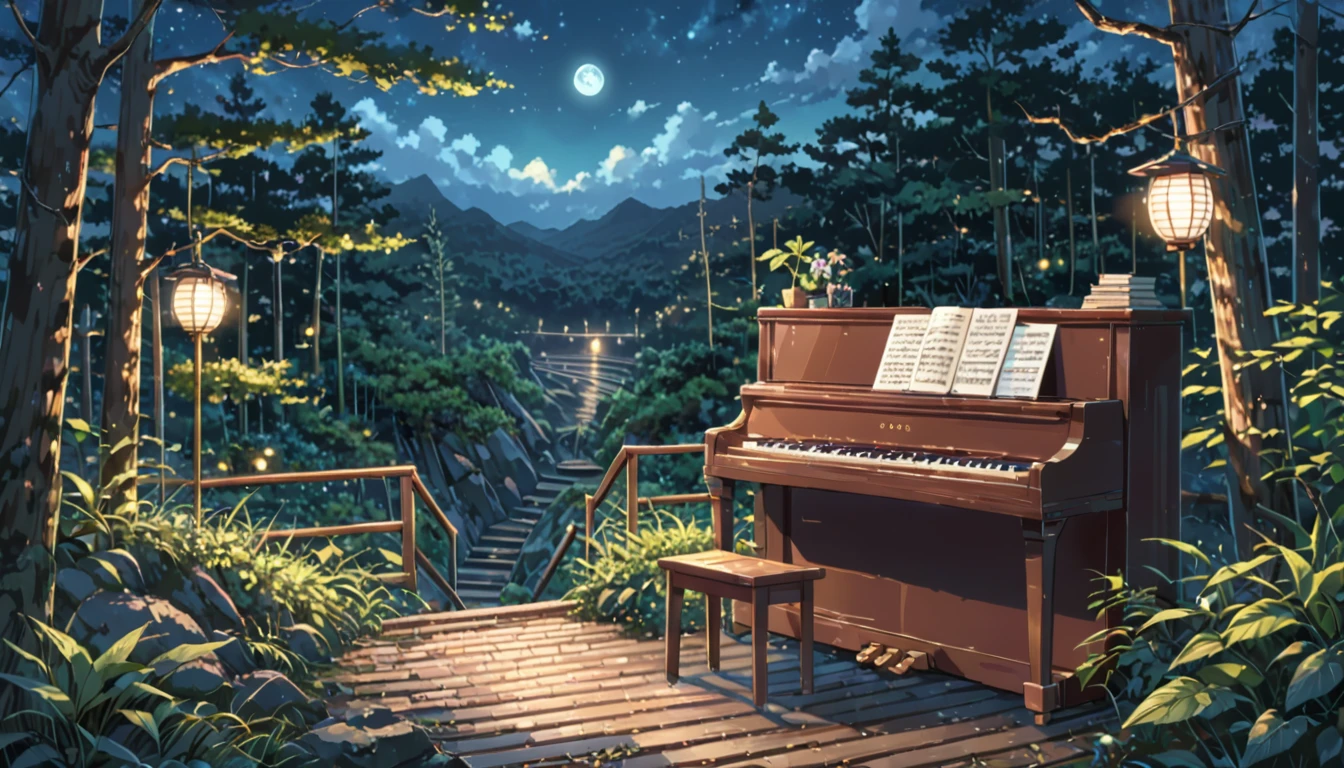 ((anime:1.4,illustration)),(masterpiece, top quality, best quality),(ultra-detailed, absolutely resolution),((16k, high res)), (((Forest, night sky, moonlit piano))), ((anime:1.4,illustration)),(masterpiece, top quality, best quality),(ultra-detailed, absolutely resolution),((16k, high res)). BREAK {lofi art, style of Laurie Greasley, style of Makoto Shinkai, anime aesthetic}, BREAK { (produces images with information than 40 million pixels with cinematic-like detailed textures shot on a Sony SLR).}