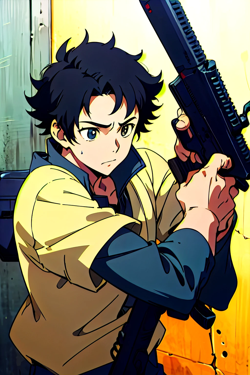 An anime  boy with slightly curly black hair is carrying a gun