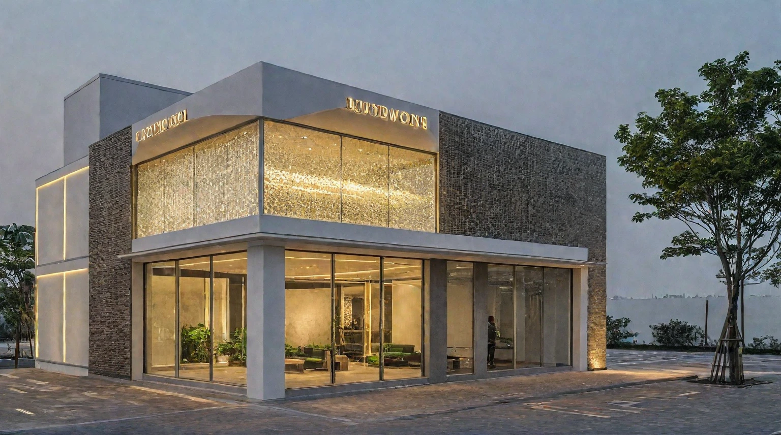(exterior scene, auto showroom, night light), Create an outdoor scene featuring a luxurious car showroom. The building should have large glass windows and a facade covered with elegant CNC perforated panels, reminiscent of a high-end Gucci store. The panels and glass should reflect the magical glow of spotlights. It's evening, and warm yellow light emanates from inside the showroom, which is filled with stylish cars on display. The sky is clear blue, with the glass panels reflecting its colors. The street view includes wide sidewalks with clusters of green trees and bustling pedestrians. Ensure the composition highlights the primary and secondary focal points perfectly
