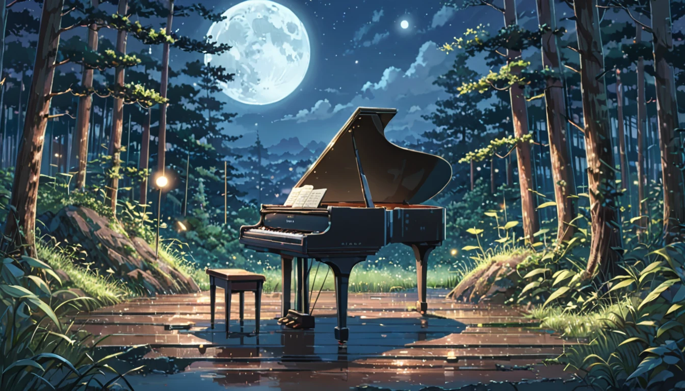 ((anime:1.4,illustration)),(masterpiece, top quality, best quality),(ultra-detailed, absolutely resolution),((16k, high res)), (((Forest, night sky, moonlit piano))), ((anime:1.4,illustration)),(masterpiece, top quality, best quality),(ultra-detailed, absolutely resolution),((16k, high res)). BREAK {lofi art, style of Laurie Greasley, style of Makoto Shinkai, anime aesthetic}, BREAK { (produces images with information than 40 million pixels with cinematic-like detailed textures shot on a Sony SLR).}