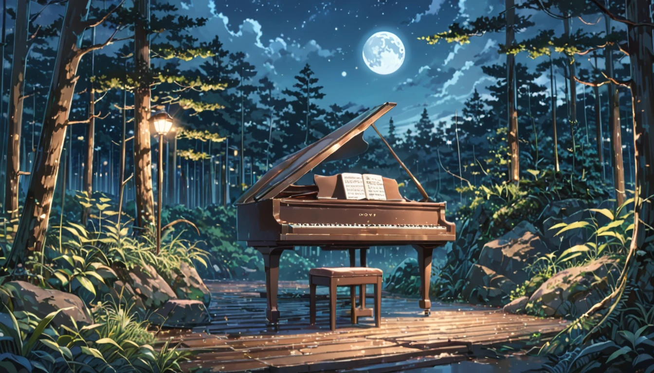 ((anime:1.4,illustration)),(masterpiece, top quality, best quality),(ultra-detailed, absolutely resolution),((16k, high res)), (((Forest, night sky, moonlit piano))), ((anime:1.4,illustration)),(masterpiece, top quality, best quality),(ultra-detailed, absolutely resolution),((16k, high res)). BREAK {lofi art, style of Laurie Greasley, style of Makoto Shinkai, anime aesthetic}, BREAK { (produces images with information than 40 million pixels with cinematic-like detailed textures shot on a Sony SLR).}