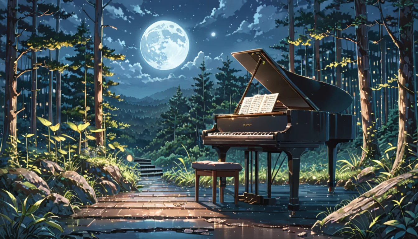 ((anime:1.4,illustration)),(masterpiece, top quality, best quality),(ultra-detailed, absolutely resolution),((16k, high res)), (((Forest, night sky, moonlit piano))), ((anime:1.4,illustration)),(masterpiece, top quality, best quality),(ultra-detailed, absolutely resolution),((16k, high res)). BREAK {lofi art, style of Laurie Greasley, style of Makoto Shinkai, anime aesthetic}, BREAK { (produces images with information than 40 million pixels with cinematic-like detailed textures shot on a Sony SLR).}