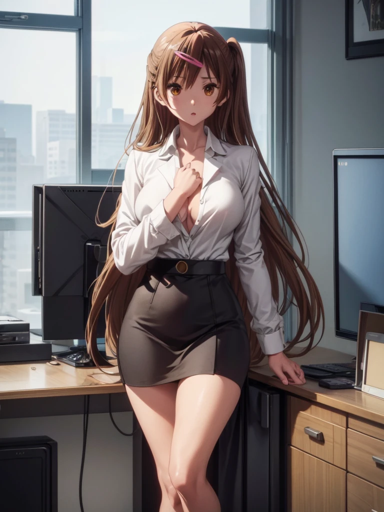 Girl, Black short skirt, White tight Blouse, black Coat, office suit , You can see her breasts, Director's Office background, Huge window, openlegs, Bare chest, small breast, slim body, You can see the thong, Stiletto Shoes