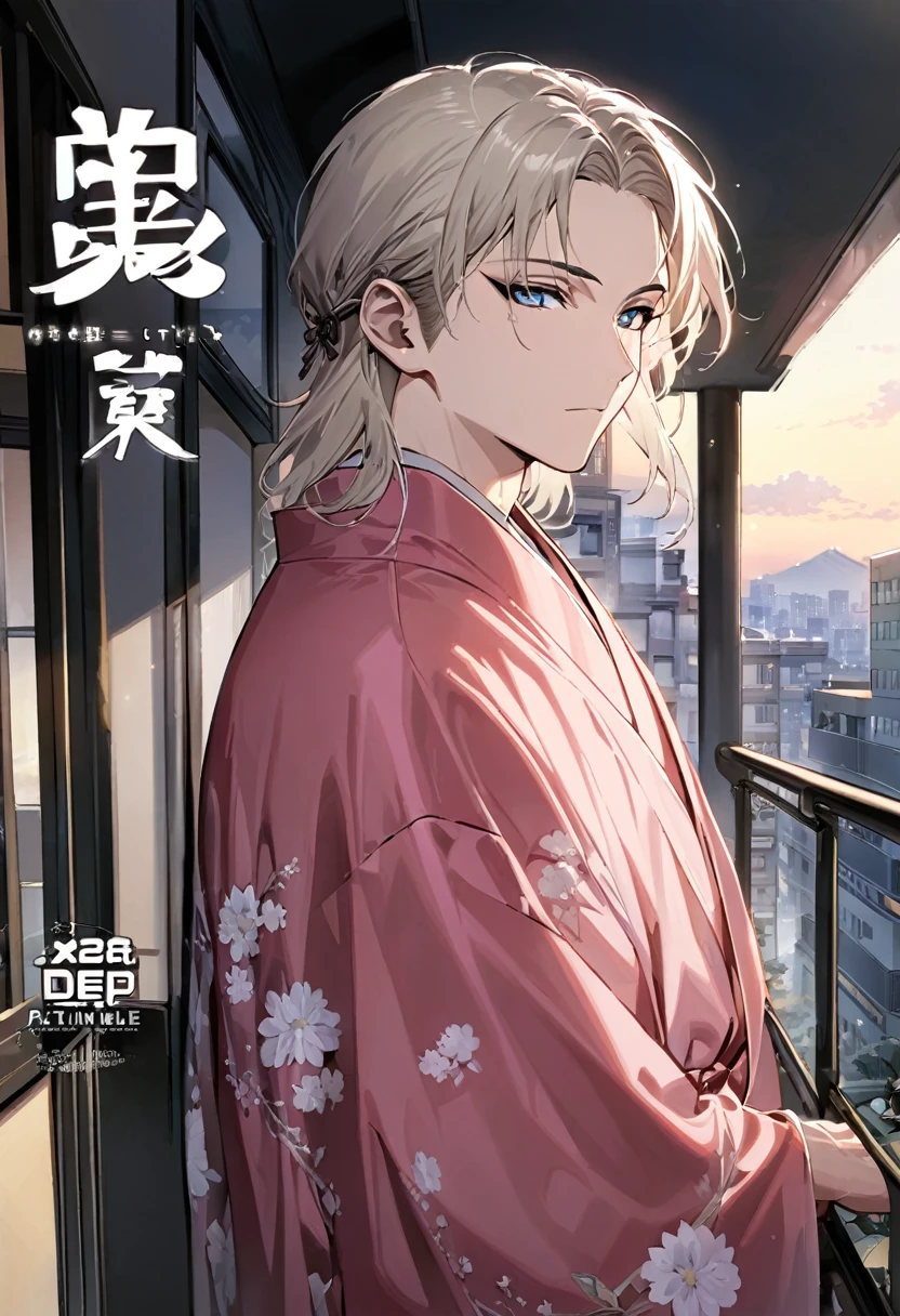 Manga cover style, detailed.
best quality, art, detailed face, in the style of lora marvin.
A 32-year-old man, slender and of medium height, fair and flawless skin. (platinum blonde hair) (Deep blue eyes are highlighted by eyeliner.)

on the balcony of a flowery apartment.
the man wears a bright pink silk robe