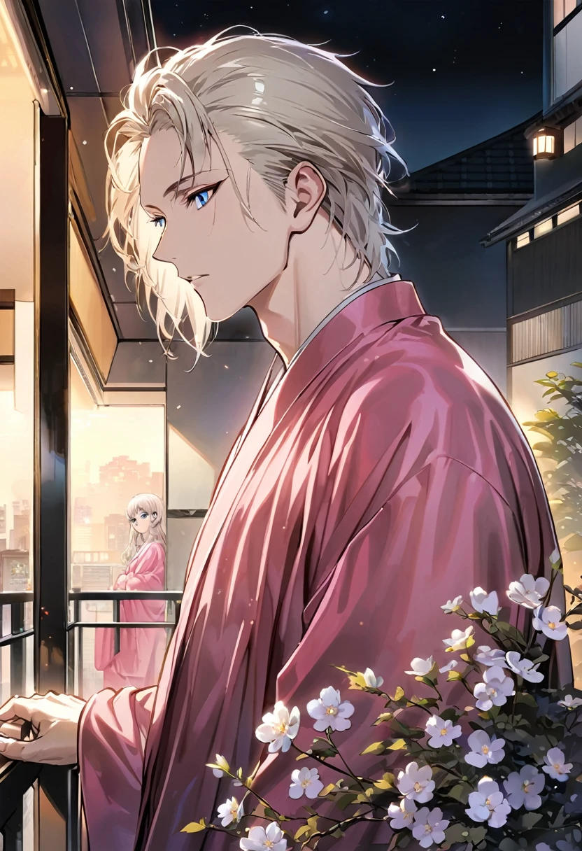 Manga cover style, detailed.
best quality, art, detailed face, in the style of lora marvin.
A 32-year-old man, slender and of medium height, fair and flawless skin. (platinum blonde hair) (Deep blue eyes are highlighted by eyeliner.)

on the balcony of a flowery apartment.
the man wears a bright pink silk robe