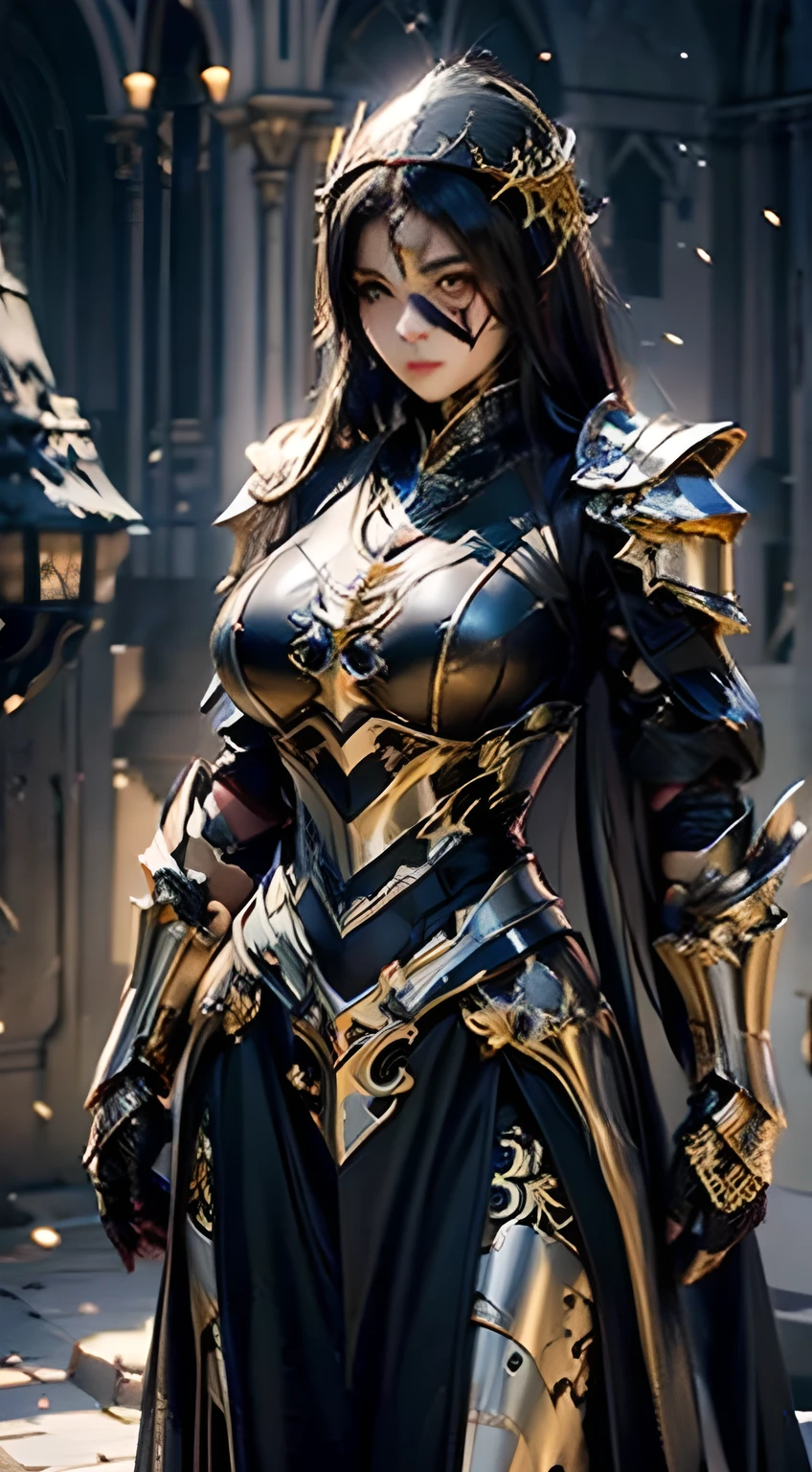 Reality, Realistic style,No exposure of chest skin,high resolution, 1 girl, Full body knight armor,Hips up, Black long straight hair, beautiful eyes,, Dark Souls style, armor, Black headscarf, Black Veil, Gold embroidery, , muscular, Desert castle, Backlight,