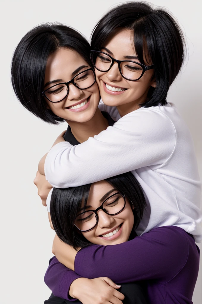 Screenshot My hero Academia, pretty woman with short black hair with black eyes, White skin, smiling expression with eyes closed, being hugged by another attractive cute woman wearing round purple glasses, dark brown hair and black eyes, smiling, both wearing casual clothes, White background