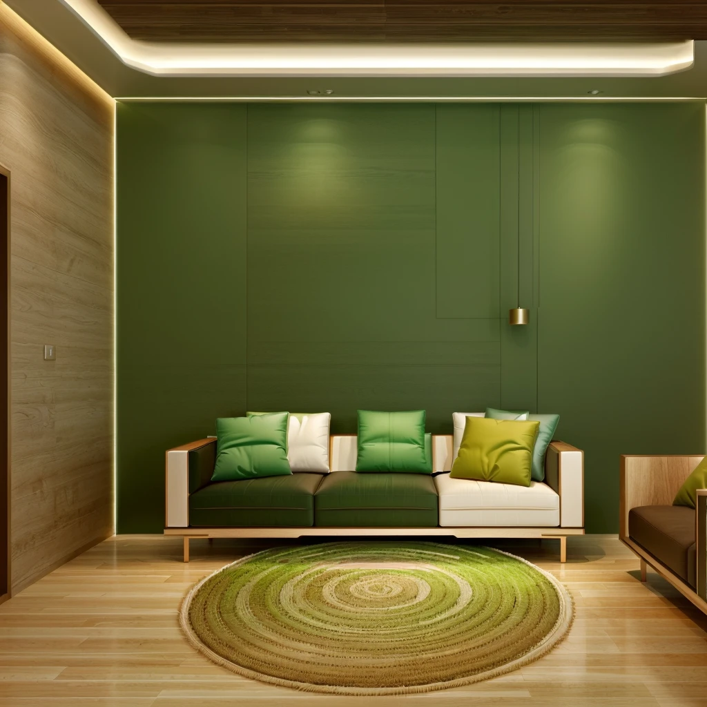 Design the living room interior space according to [contemporary, luxurious style], use wood, white or green plants, decorate walls, drop ceiling lights, use indoor lighting