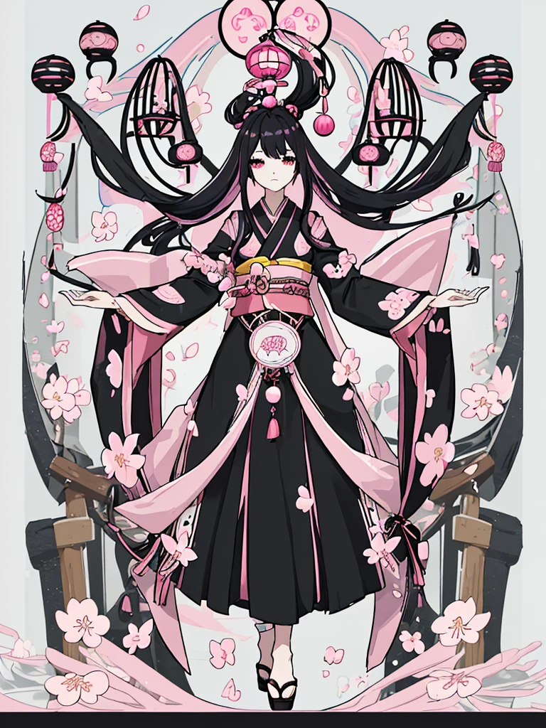 best quality, character design sheet, woman、No hat on, Black and pink hair, whole body, Head to Toe, fortune teller、Standing facing forward, Beautiful black dress, Black Hair, whole body, Pure white background, from front, best quality, Standing pose、Cherry blossom pattern、adult、Japanese