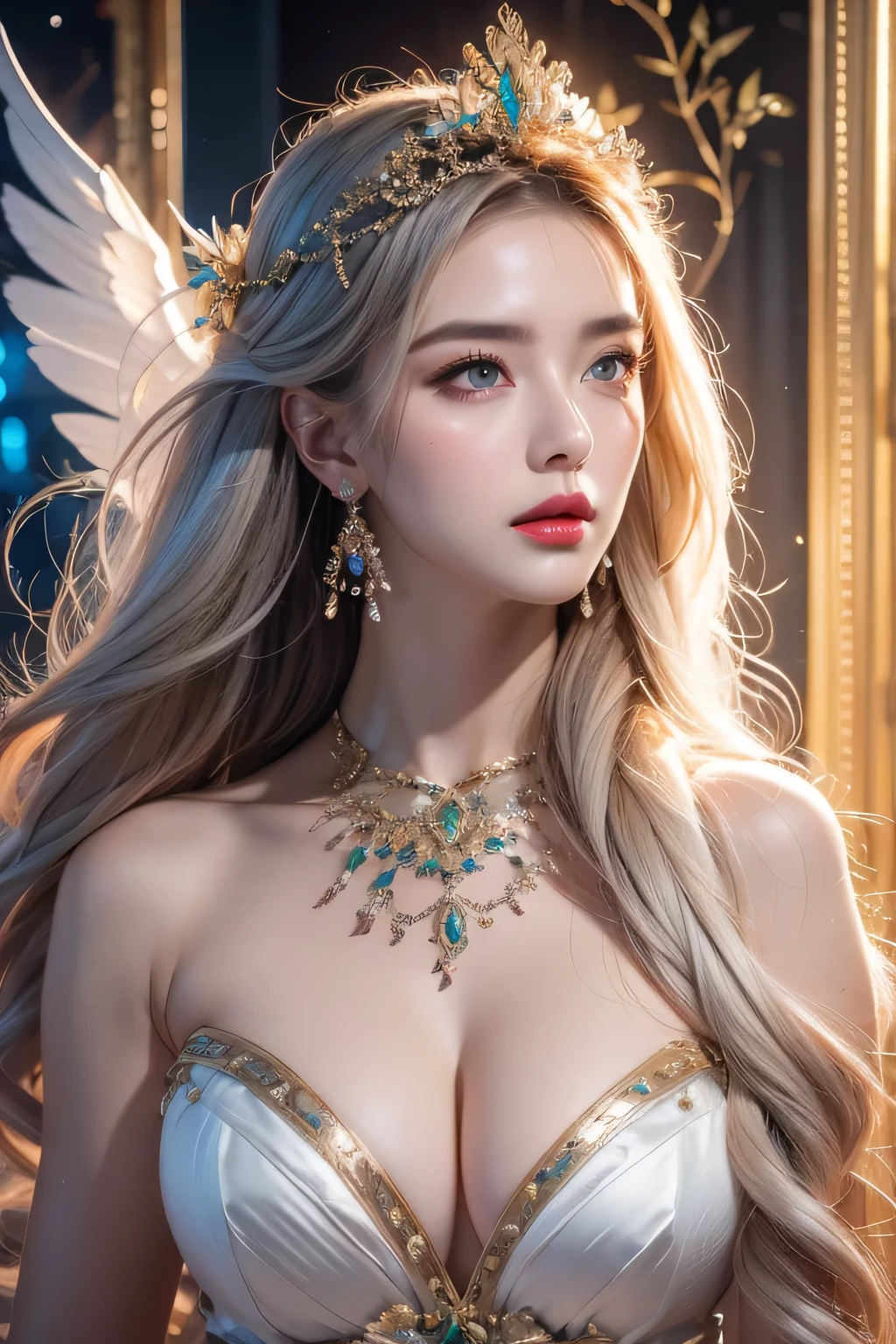 High-quality work,Realistic works,Super premium graphics,8K HD CG works,high quality graphics,High-definition and exquisite CG works,10x pixels,Ultra-fine details:1.1,Advanced technical details:1.1Realistic photo effects,Interior lighting effects:1.5,natural soft light:1.5. Light effect(Virtual light effects:1.8),ultra high resolution,shining dress,sliver long hair,silber hair,transparenthair,high detailed hair(Quality hair details:1.1)Clear eyes,Double eyelids look good,Sharp eye makeup, Create exquisite eyelash makeup, tthin eyebrows, Ultra-detailed eyes,a tall nose, lovely red lips, rosey cheeks, With delicate makeup on her face , pretty face, The face shape is perfectly proportioned,(Advanced facial details:1.1)geometric abstract background, white, Green and blue light, arcane art, Depth of written boundary (get tangled, mandala, geometry abstraction, tangle, get tangled), beautiful, (dynamic angle:1.4), (floating colorful sparkles:1) the most beautiful form of chaos, elegant, brutal designer, bright colors , romanticism, bright colors, glow in the dark, wavy, The nature of symmetry, symmetry, Vertical compact design, paisley pattern, firefly ,cinematic light, sexy woman in armor, legendary warriors , beautiful baby, SEX pose, erotic design , erotic face, erotic pose, Pore white hair, , Big eyes, sexy eyes, whole bodyタトゥーだらけ, red lips, sexy lips, sexy face, naked, erotic, erotic pose, whole body, fall angel, , angle of death, holly angel,Women's artwork,Dress full body video,Realism,Amazing Cleavage,My eyes are very bright today