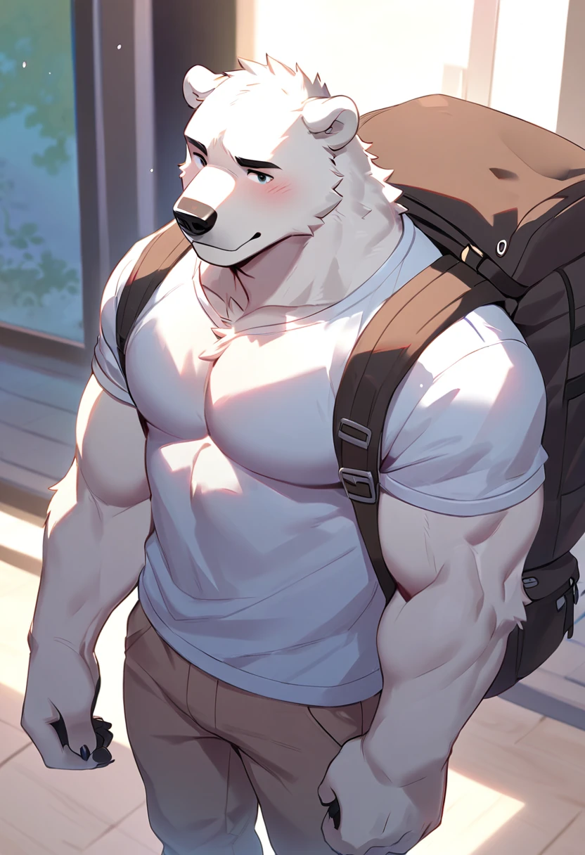 polar bear, 1boy, male, solo, (muscle:0.3), big tits, pecs, shy face, casual clothes, backpack, pan left angle