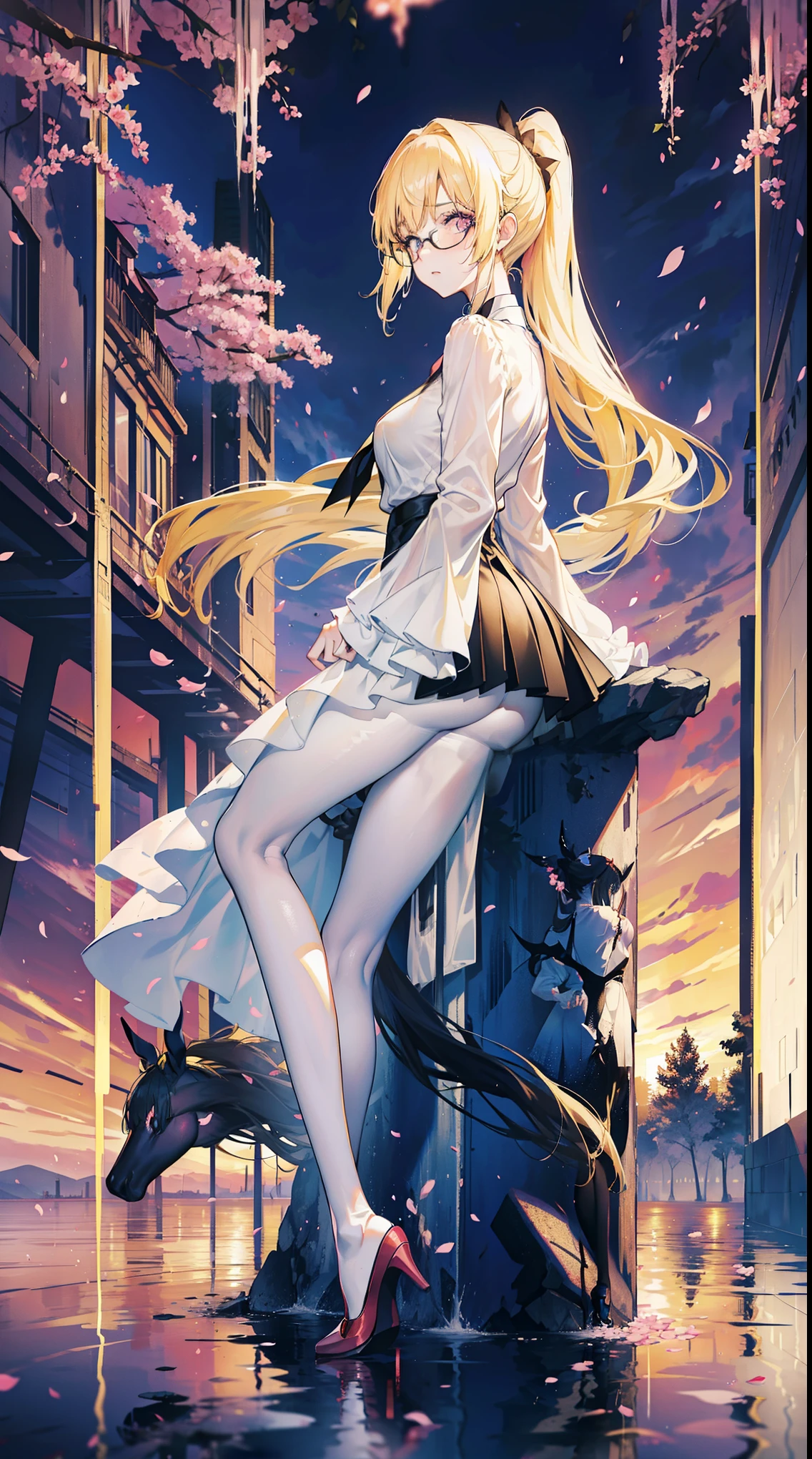 Young and beautiful Kathryn Newton, Glasses, White dress shirt, great neckline, Black Mini Dress, Dark pantyhose, High balance, Surreal, , Model figure, Large Breasts, Beautiful breasts, Big Ass, Long hair, Ponytail- Horse, Blonde hair, Long legs, 8K, Cherry blossoms, sunrise, Detailed reflection, Anime style, sad