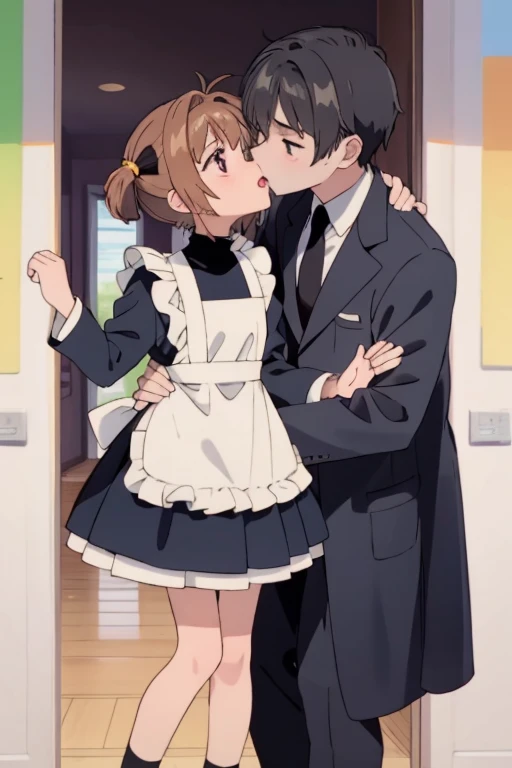 anime,cute, Couple,Kissing in a big park,One is a 10-year-old magical girl wearing an apron dress.、The other is a 25-year-old man wearing a black suit..,Chestnut short bob hair,Ruffled Apron Dresses,Wear a petticoat,Wear knee-high socks,The man is wearing a black tie,Because the man is 25 cm taller、The man tilted his head、The woman stretches out and kisses him,Beautiful background,High resolution backgrounds