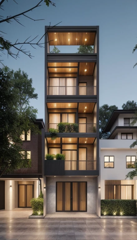1 morden architect, main material by rustic efect wall and wood, 1large yard, 1 road runs in front of the house, (RAW photo, real, best quality, masterpiece:1.2), look morden minimalist, 1 road in front of the house, dynamic lighting:1.3, (hyper realistic, photo-realistic:1.2), high quality, (dark lighting:1.2), perfect lighting, archdaily, no human