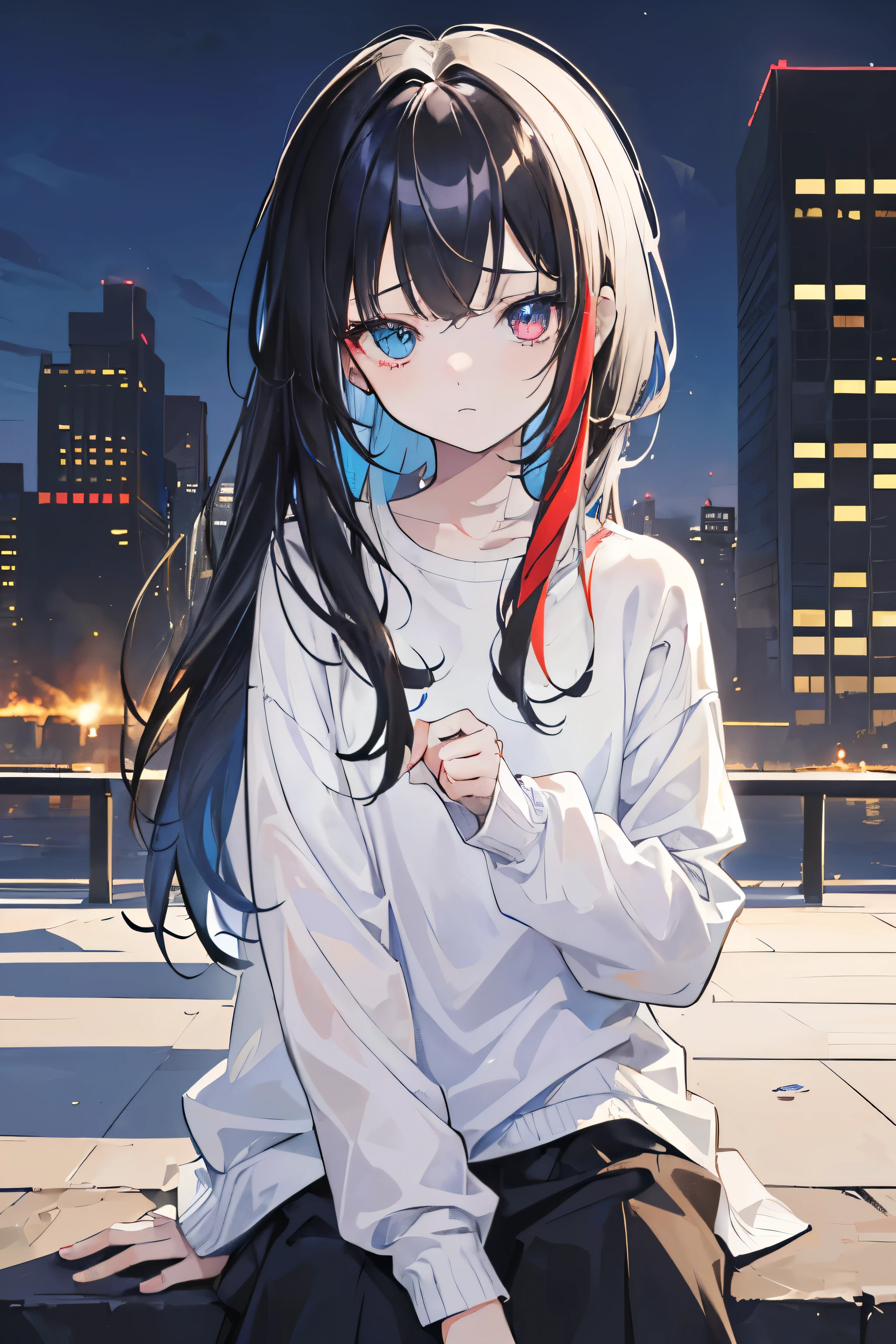 masterpiece, 4k, anime style, (((1_girl))), (((only_one_girl))), (((half_divided_hair))), (((half_divided_color_hair))), ((two_hair_color)), (((individual_hair_color))), (((white_and_black_hair))), (black_hair), ((mixed_color_hair)), (((oddeye))), (((red_left_eye))), (((blue_right_eye))), (((individual_eye_color))), black jacket, spread jacket, white crop shirts, black_jeans, short_jeans, (outside), city