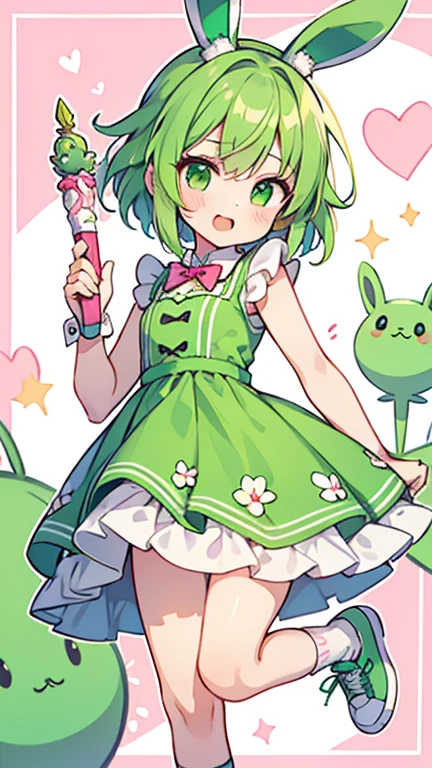 one girl,green short hair,green eyes,green bunny ears,valentine dress,white socks,pink sneakers,holding a magic wand,A winking expression