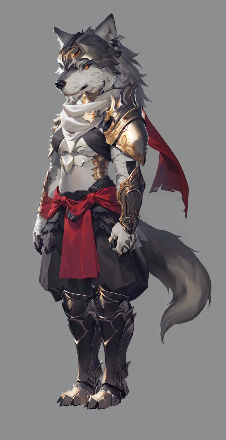 Close-up of man in wolf costume, Wolf-inspired armor, detailed Whole body concept art, detailed Whole body concept, Anthropomorphic wolf girl, Wearing a white scarf,Whole body concept, Wolf Armor, Minotaur Wolf, High resolution commissions, Female Warrior, Full body character concept, Whole body concept art, Female body