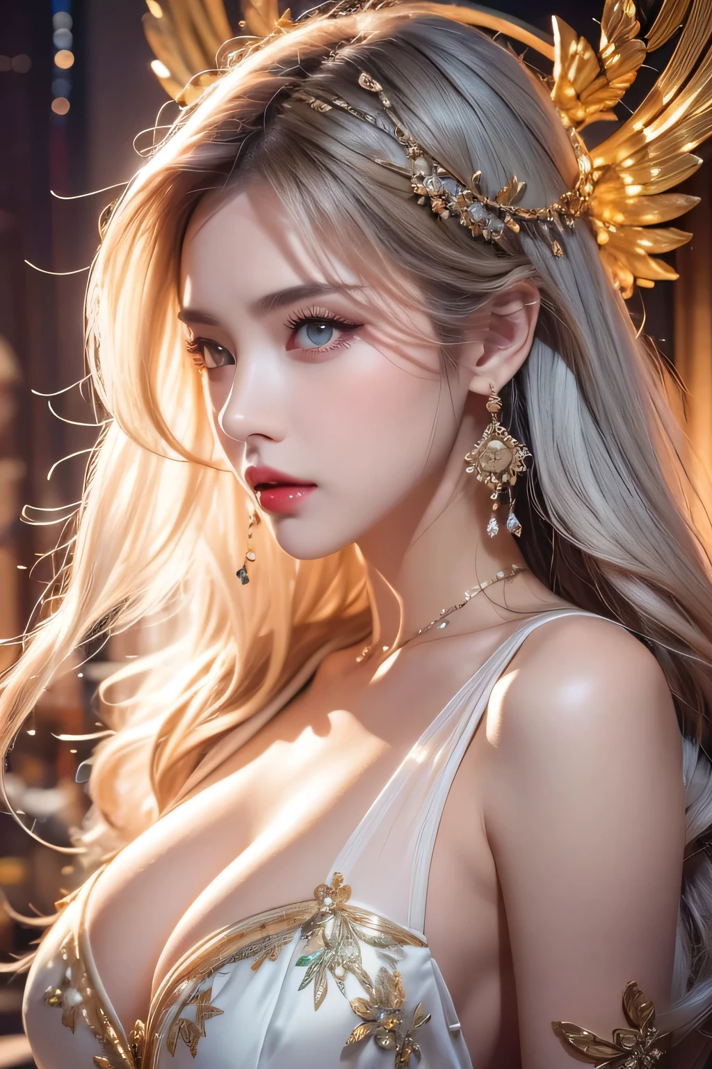 High-quality work,Realistic works,Super premium graphics,8K HD CG works,high quality graphics,High-definition and exquisite CG works,10x pixels,Ultra-fine details:1.1,Advanced technical details:1.1Realistic photo effects,Interior lighting effects:1.5,natural soft light:1.5. Light effect(Virtual light effects:1.8),ultra high resolution,shining dress,sliver long hair,silber hair,transparenthair,high detailed hair(Quality hair details:1.1)Clear eyes,Double eyelids look good,Sharp eye makeup, Create exquisite eyelash makeup, tthin eyebrows, Ultra-detailed eyes,a tall nose, lovely red lips, rosey cheeks, With delicate makeup on her face , pretty face, The face shape is perfectly proportioned,(Advanced facial details:1.1)geometric abstract background, white, Green and blue light, arcane art, Depth of written boundary (get tangled, mandala, geometry abstraction, tangle, get tangled), beautiful, (dynamic angle:1.4), (floating colorful sparkles:1) the most beautiful form of chaos, elegant, brutal designer, bright colors , romanticism, bright colors, glow in the dark, wavy, The nature of symmetry, symmetry, Vertical compact design, paisley pattern, firefly ,cinematic light, sexy woman in armor, legendary warriors , beautiful baby, SEX pose, erotic design , erotic face, erotic pose, Pore white hair, , Big eyes, sexy eyes, whole bodyタトゥーだらけ, red lips, sexy lips, sexy face, naked, erotic, erotic pose, whole body, fall angel, , angle of death, holly angel,Women's artwork,Dress full body video,Realism,Amazing Cleavage,My eyes are very bright today