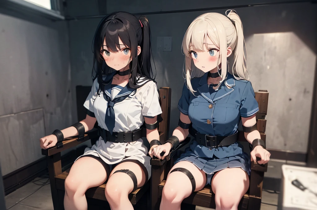 2 girls, ((inside tiny room, strapped to chairs)), (sitting:1.5), (bondage chair:1.5), (blushing:1.5), (open legs:1.5), ((basement, metal room)), (((3 girls, group of girls))), (inside torture room), arms to sides , wrist cuffs, ankle cuffs, (((shocked expression, struggling))), ((short sleeve, sailor uniform, tight clohing)), arms to sides, long hair, dark hair, saphire eyes, perfect body, perfect face, detailed face, detailed eyes, 16K