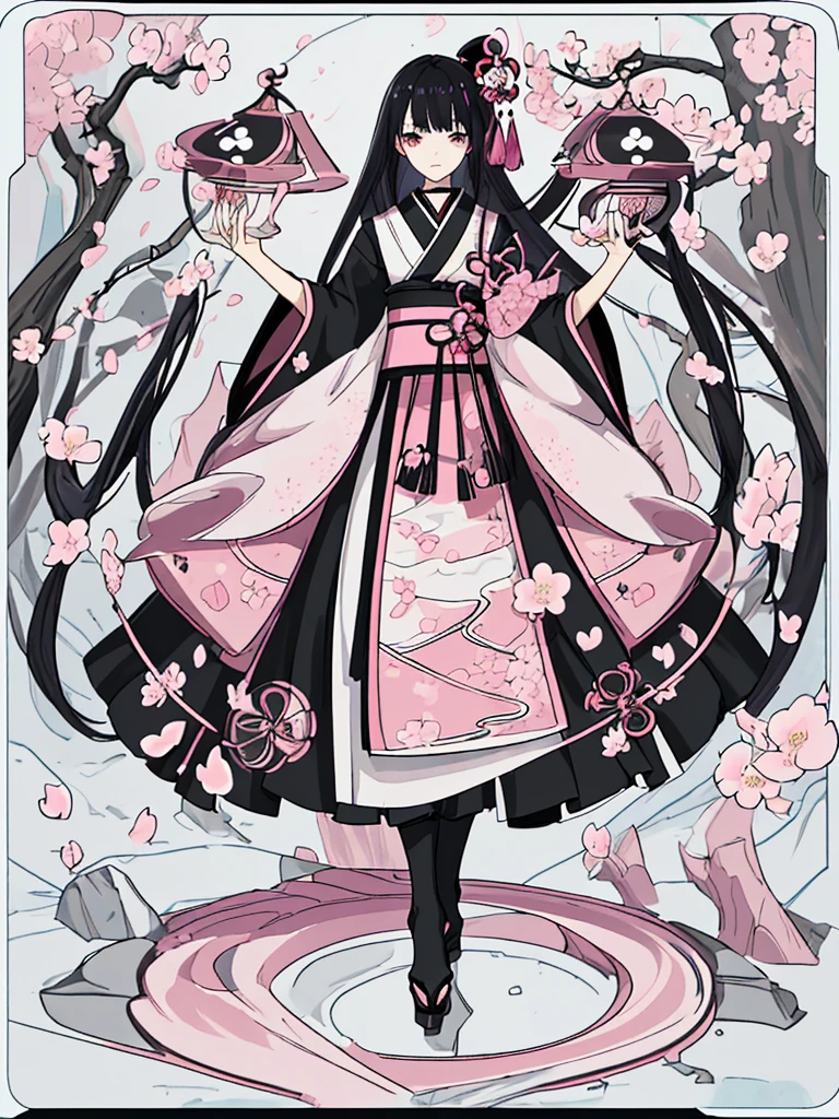 best quality, character design sheet, woman、No hat on, Black and pink hair, whole body, Head to Toe, fortune teller、Standing facing forward, Beautiful black dress, Black Hair, whole body, Pure white background, from front, best quality, Standing pose、Cherry blossom pattern、adult、Japanese、Clear eyes