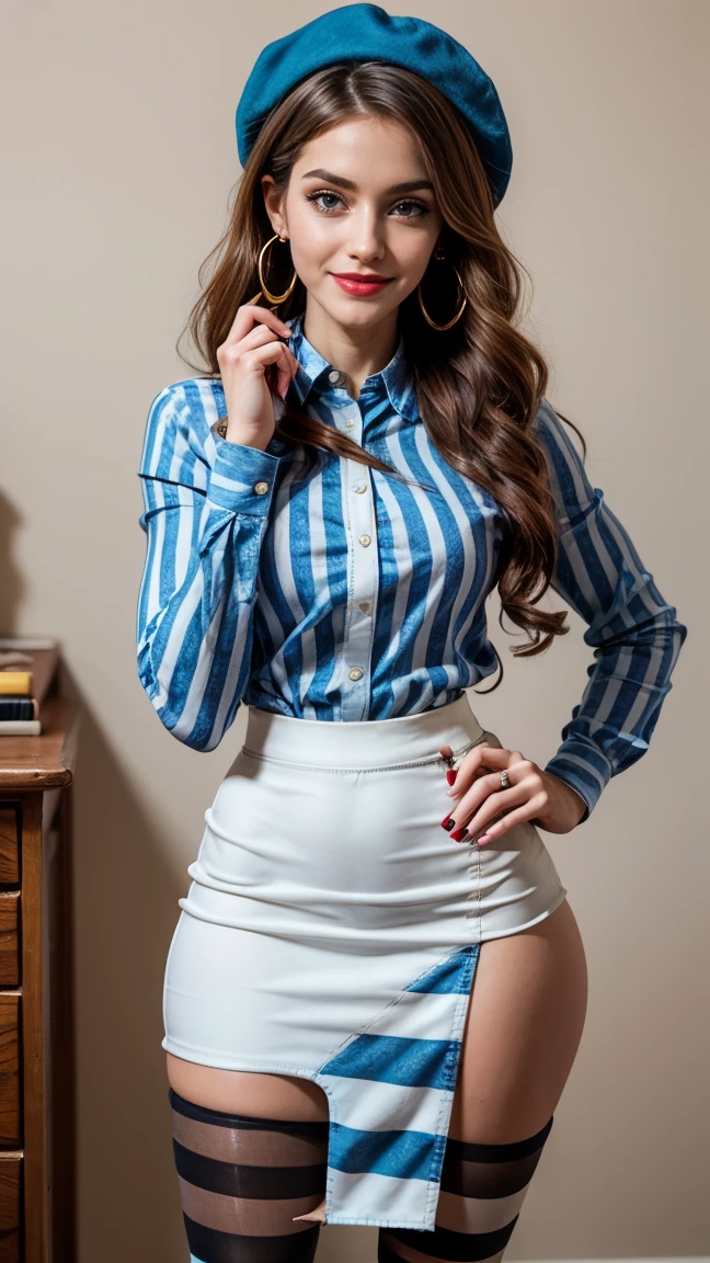 (Muscular:2), (thick thighs:2), 
french female, (red hair), (big smile:1.4),
(eyeshadow, lipstick, red lips, hoop earrings:1.5)
(neck bandana:1.4), (frenchgirlstyle, blue striped shirt:2), beret, pullover, (pencil skirt, skirt slit:1.5), (pantyhose:1.5), (stiletto heels:1.6),
looking at viewer, three quarter view,
(dark bedroom), rim lighting, detailed skin, detailed eyes, two tone lighting, bokeh