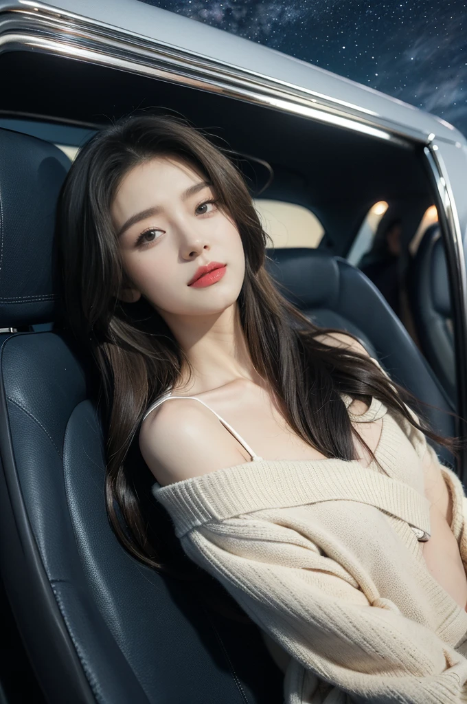 (((best quality))), (((ultra detailed))), (((masterpiece))), illustration,(a beautiful girl,female passenger,solo),((slim,thin,small breasts,flat chest)),summer night, airplane, economy class, comfortable sweater, cozy pants,(shoulder length straight hair:1.2), stars, moonlight, smooth flight, engine sound, lullaby, relaxed, excited, happy, visiting family, comfortable seats, soft fabric, headrests, adjustable, beauty of night sky, thinking about family, friends, dimmed lights, sleeping passengers, movies, personal screens, staying awake, magic of sky, joy of being with family, memorable journey, adventures, destination city