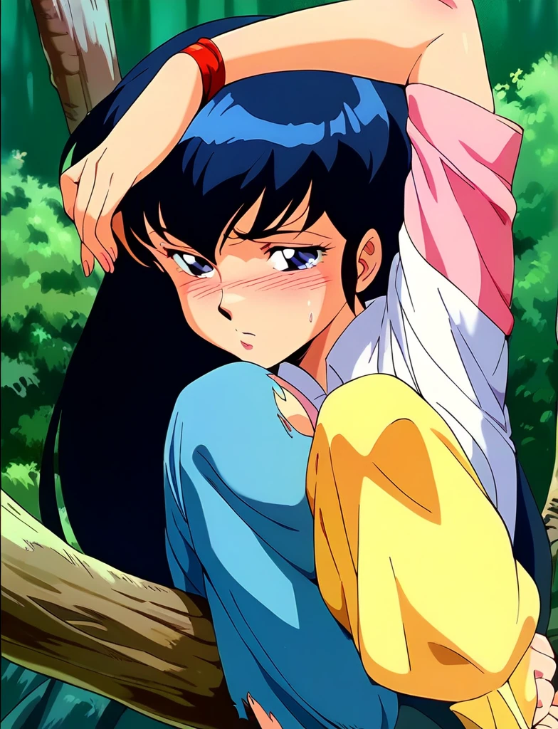kyoko,score_9,score_8_upper,score_7_upper,sauce_アニメ,One girl,alone,Good、In underwear、Sad face、downpour、soaked、in the forest、stand、to be tied up、bondage、Bold Pose、pubic hair、Torn clothing、