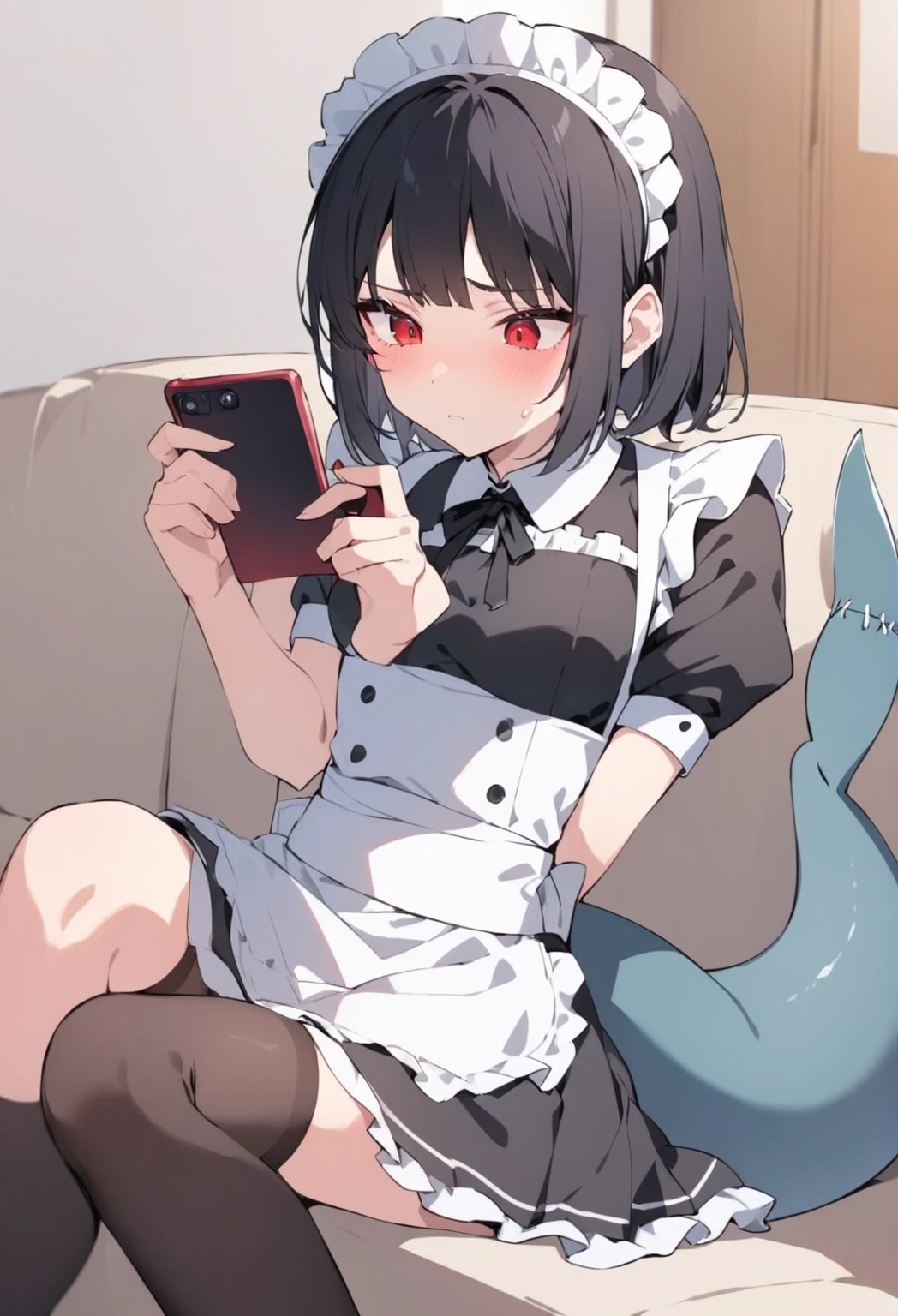 a red-eyed woman with short black hair, wearing a maid uniform, sitting on a living room sofa, holding a phone, cold expression, black stockings, shark tail