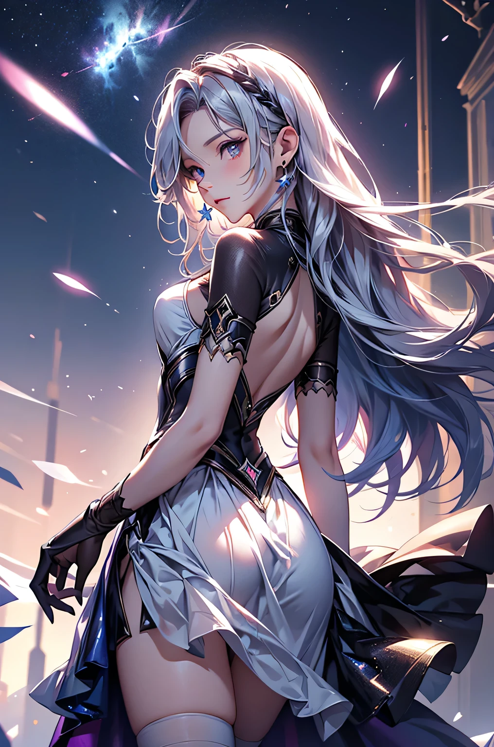 (masterpiece:1.5, Highest quality, Very detailed、 Dutch Angle、Realistic、Fantasy)(One girl, alone)(White and beautiful hair:1.4,,Straight Long Hair)(White based dress, zettai ryouiki)、((medium breasts))(from backside)(Beautiful starry sky、Mystical Night、Particles of light float around the woman、Fantasy space)Kiana Kaslana