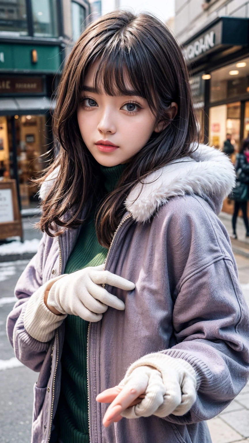 girl, Brown hair, Bob Hairstyle, With bangs, Purple Snow Jacket，Green lined sweater, Fingers crossed, Slightly serious expression, big eyes,  White gloves, blue eyes,