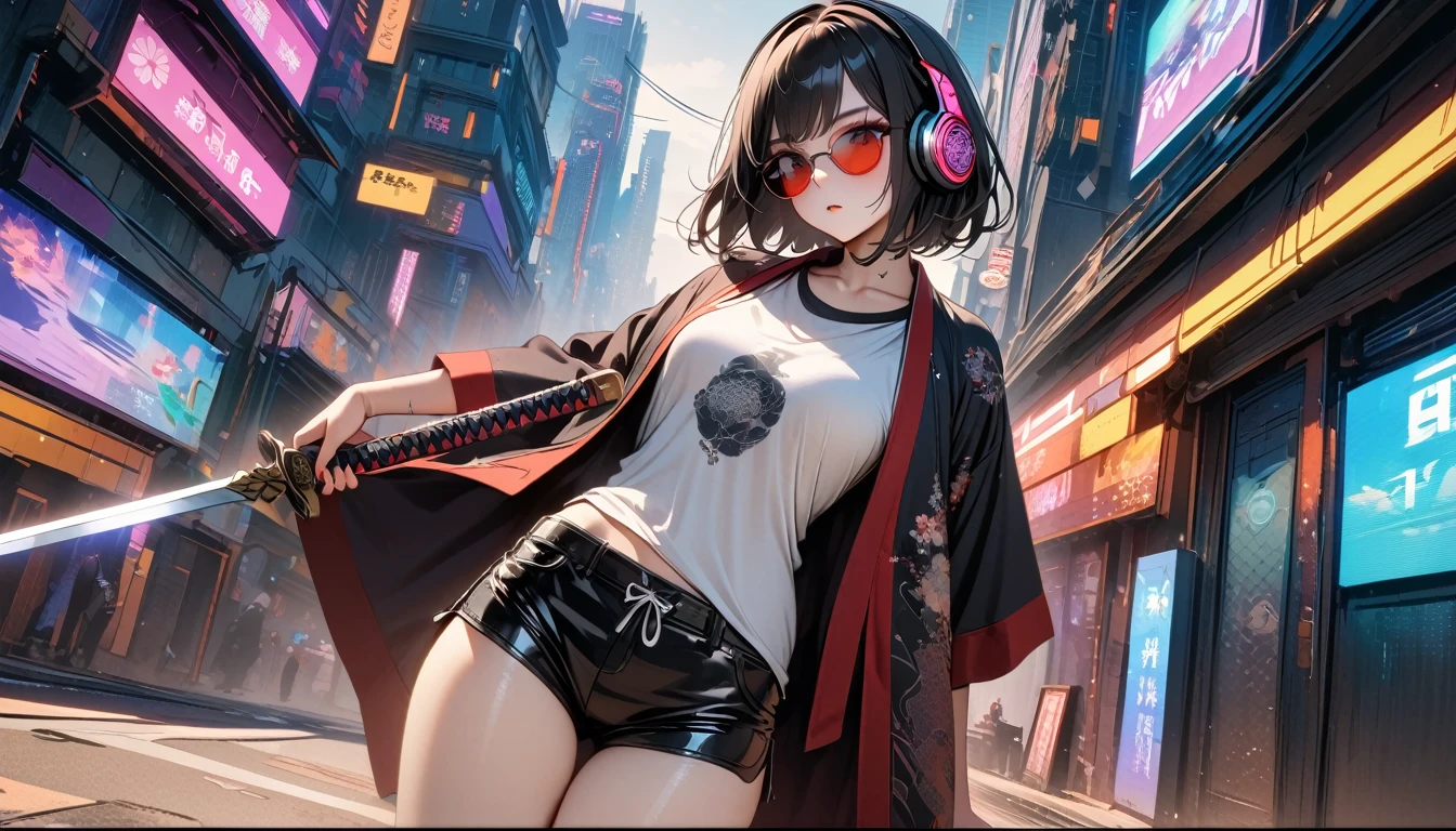 (((8K, Masterpiece, high resolution, highest quality, highest quality real texture skin))), ((wearing Japanese pattern headphones)), (((1 girl))), (((Japanese pattern haori))), (((Hold the sword in your right hand))), (((Cyberpunk City))), ((sunglasses)), (Japanese pattern T-shirt, super mini shorts), (Black shiny hair, beige skin)