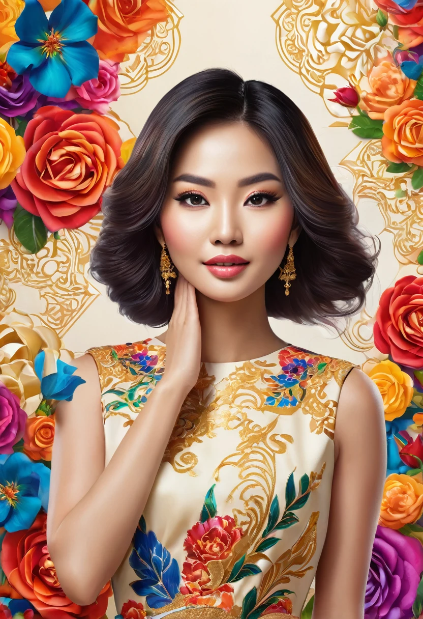 A large billboard at a 3D city intersection features a 3D rendering of "Welcome to ประเทศไทย 2024" written in elegant letters next to There was a beautiful Thai woman wearing a brightly colored Thai silk dress. I pulled my back tight. Decorated with roses, hair in steamed buns, hands clasped together in worship. The background must be full of energy. Looking ahead, jewel tones, splashes of color, geometric shapes, abstract art, exotic flowers. Cream background with gold pattern